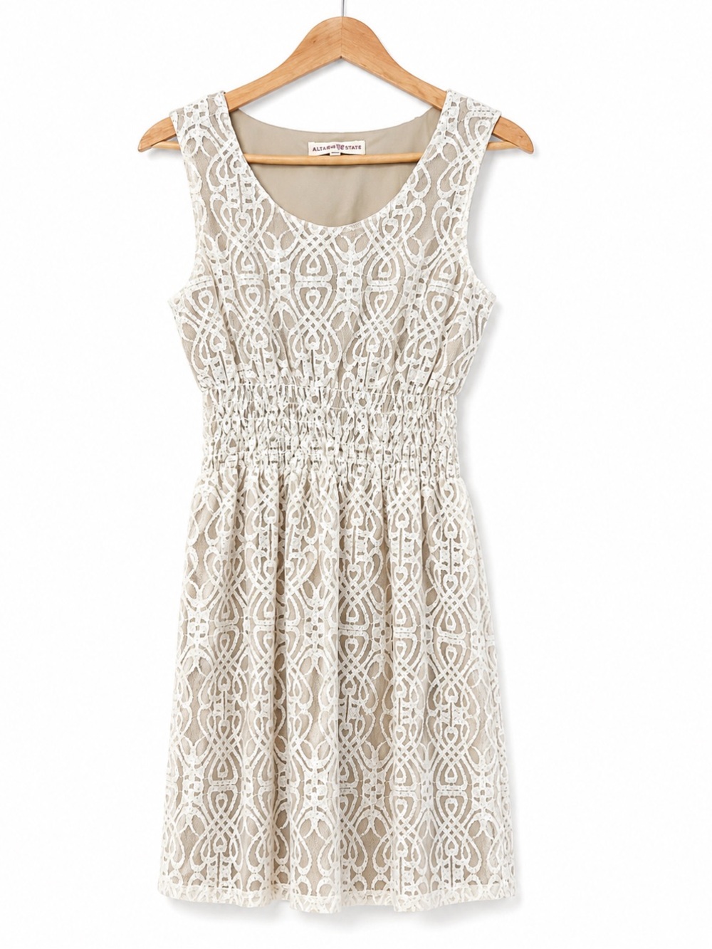Altar’d State Cream Lace Boho Dress XS Gold Fleck Sleeveless Fit & Flare
